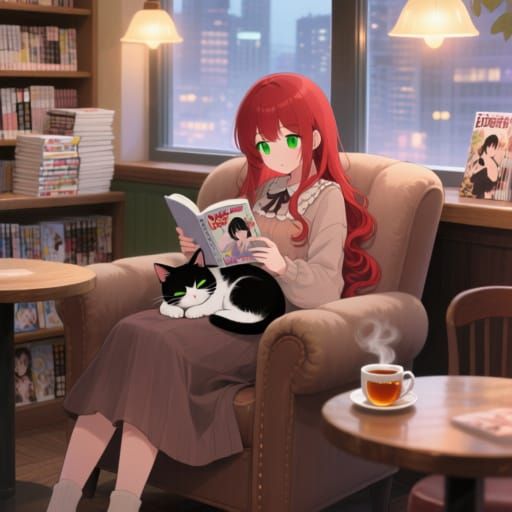 Cozy Anime Girl Reading Manga in Library Cafe