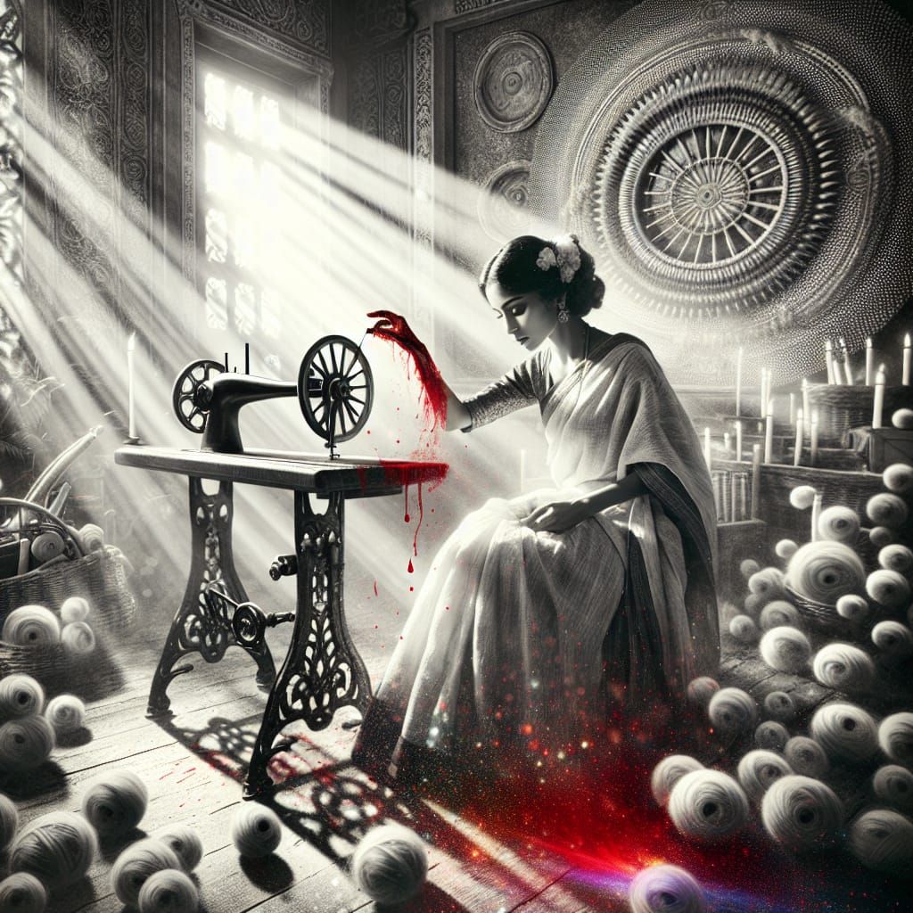 Vintage Sewing Room Scene with Color Splash