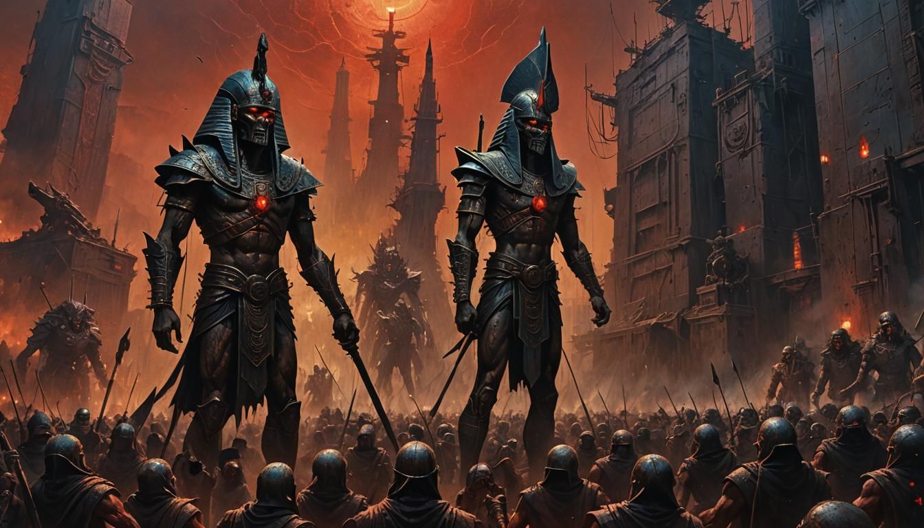 Pharaoh Neferkha and Troops in Industrial Dark Fantasy