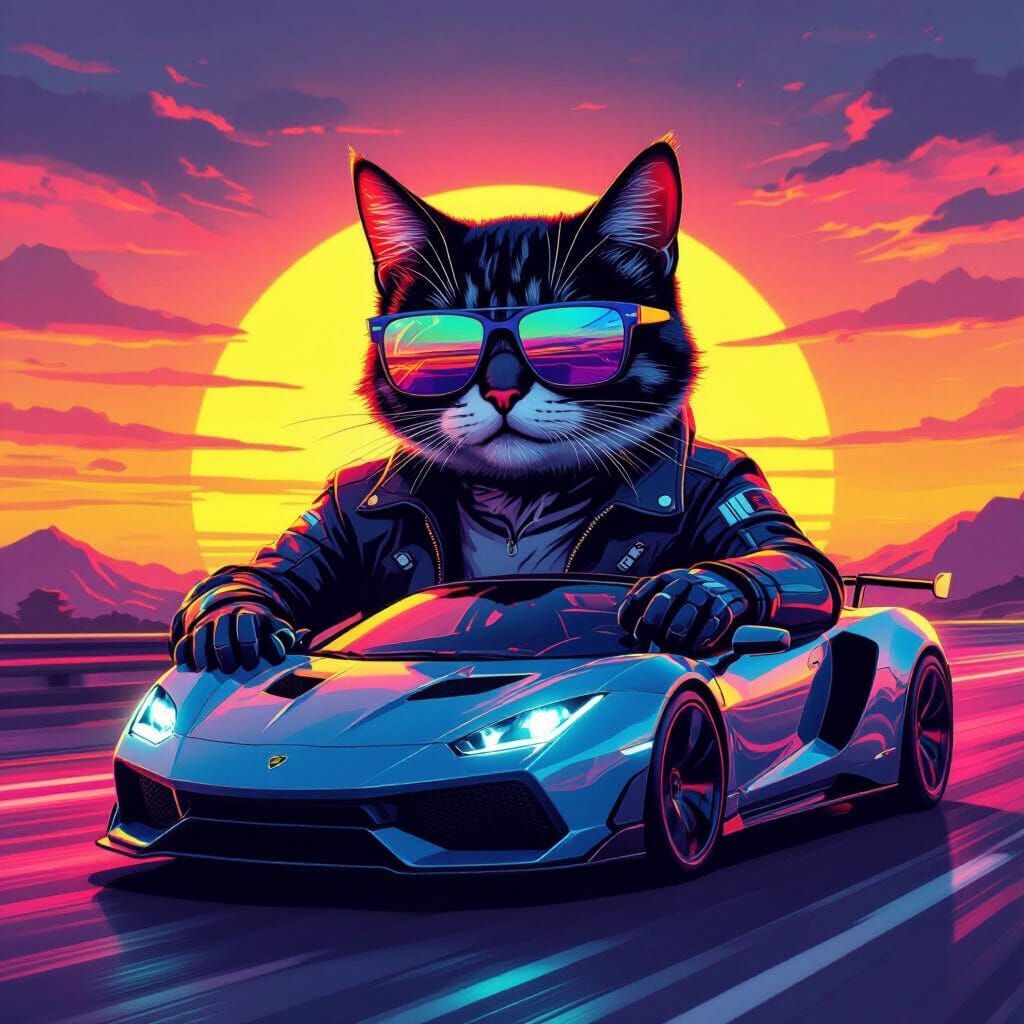 Cool Cat Drives Neon Sports Car at Sunset