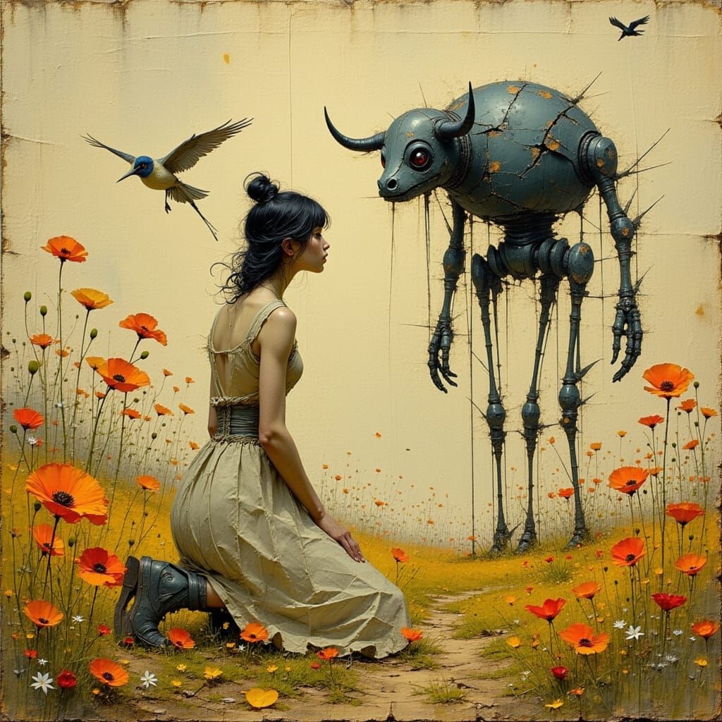 Woman Kneeling to Robot in Naive Encaustic Style