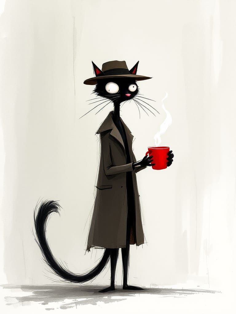 Whimsical Noir Cat in Trench Coat Holding Red Mug