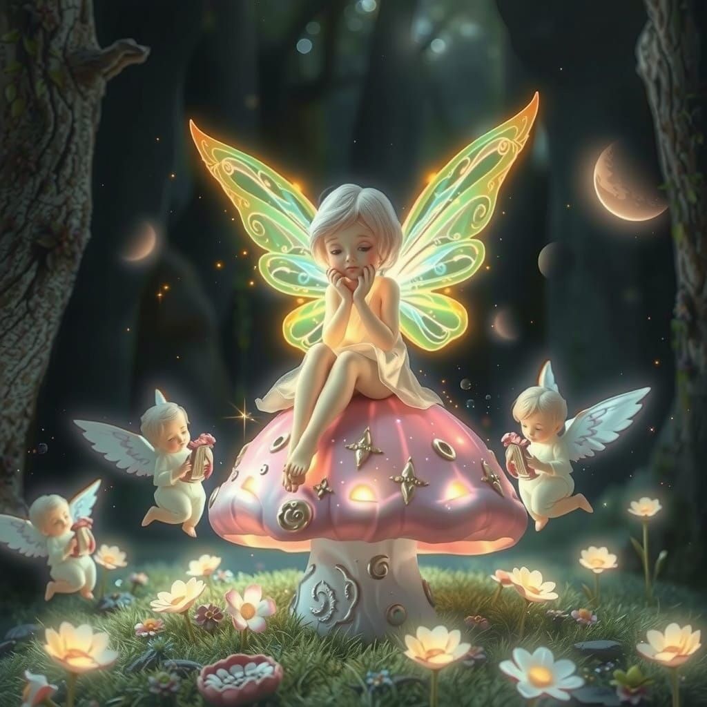 Ethereal Fairy Sits on Magical Mushroom in Enchanted Forest
