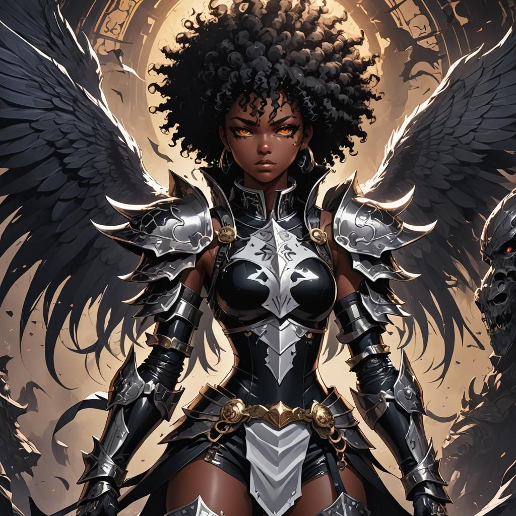 Demonic Afro Heroine in Seraphim Armor: Anime Illustration