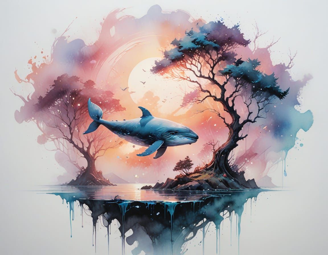 Surreal Whale Phantom Over Moonlit Sea in Pastel Palette