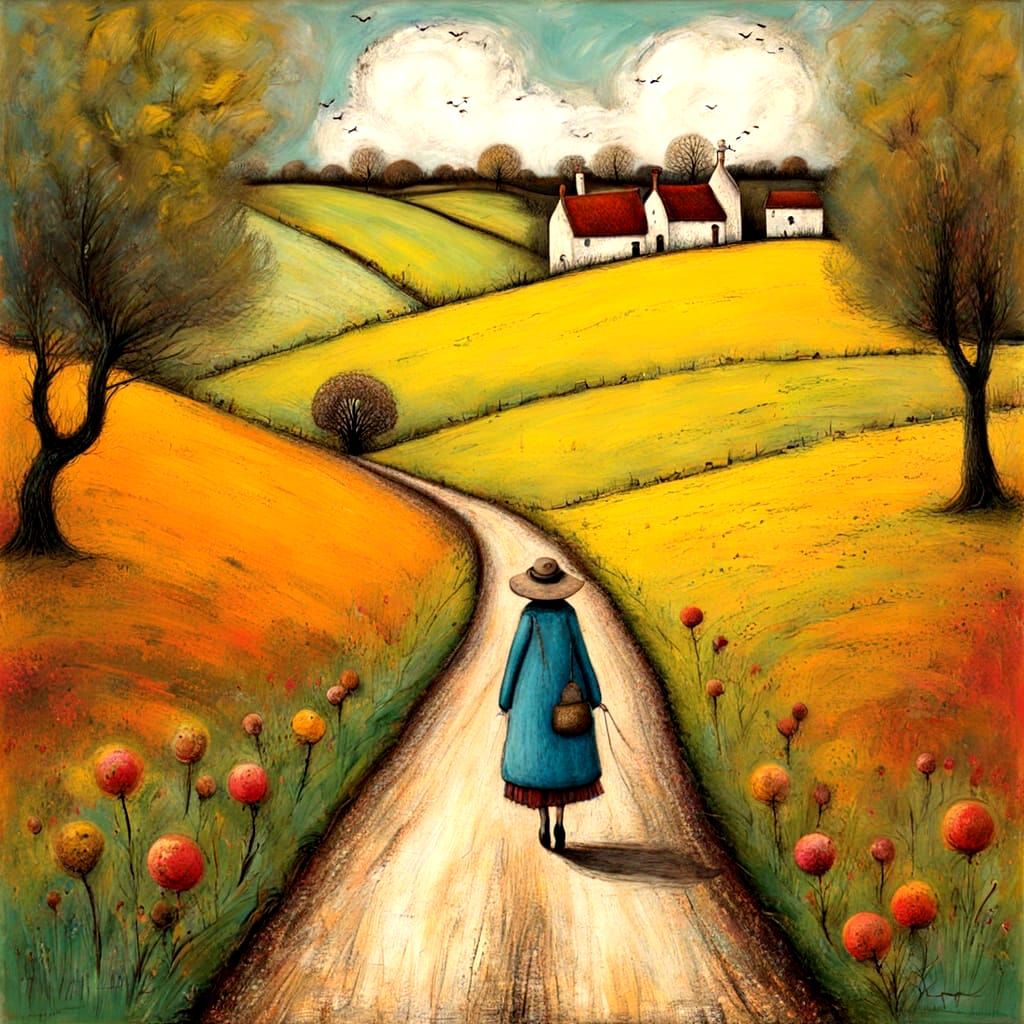 Whimsical wanderer, countryside lane, playful, vibrant patte...