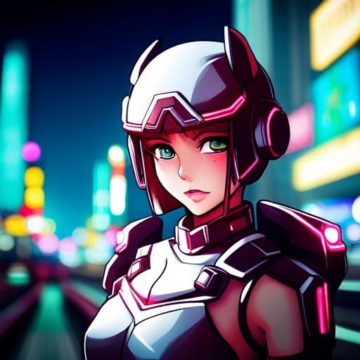 Cyborg Girl in Neon City: Anime-Inspired Portrait