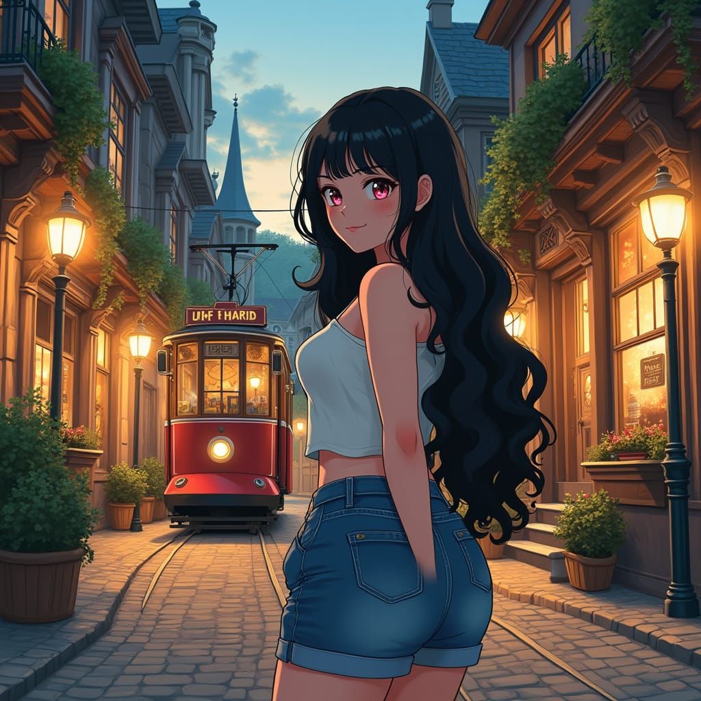 Charming Night Scene of a Chubby Girl Waiting for a Vintage ...