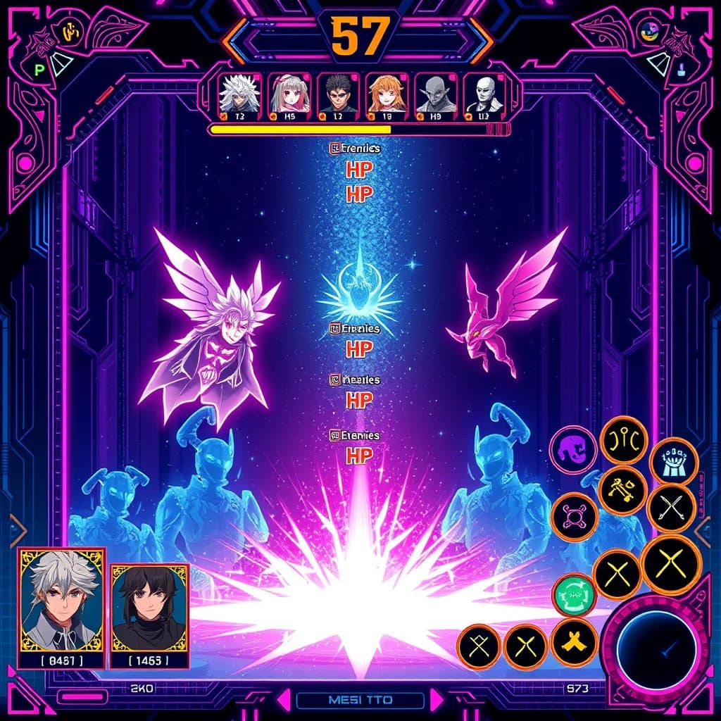 Futuristic Cyberpunk JRPG Battle Screen in Neon-Lit Glory