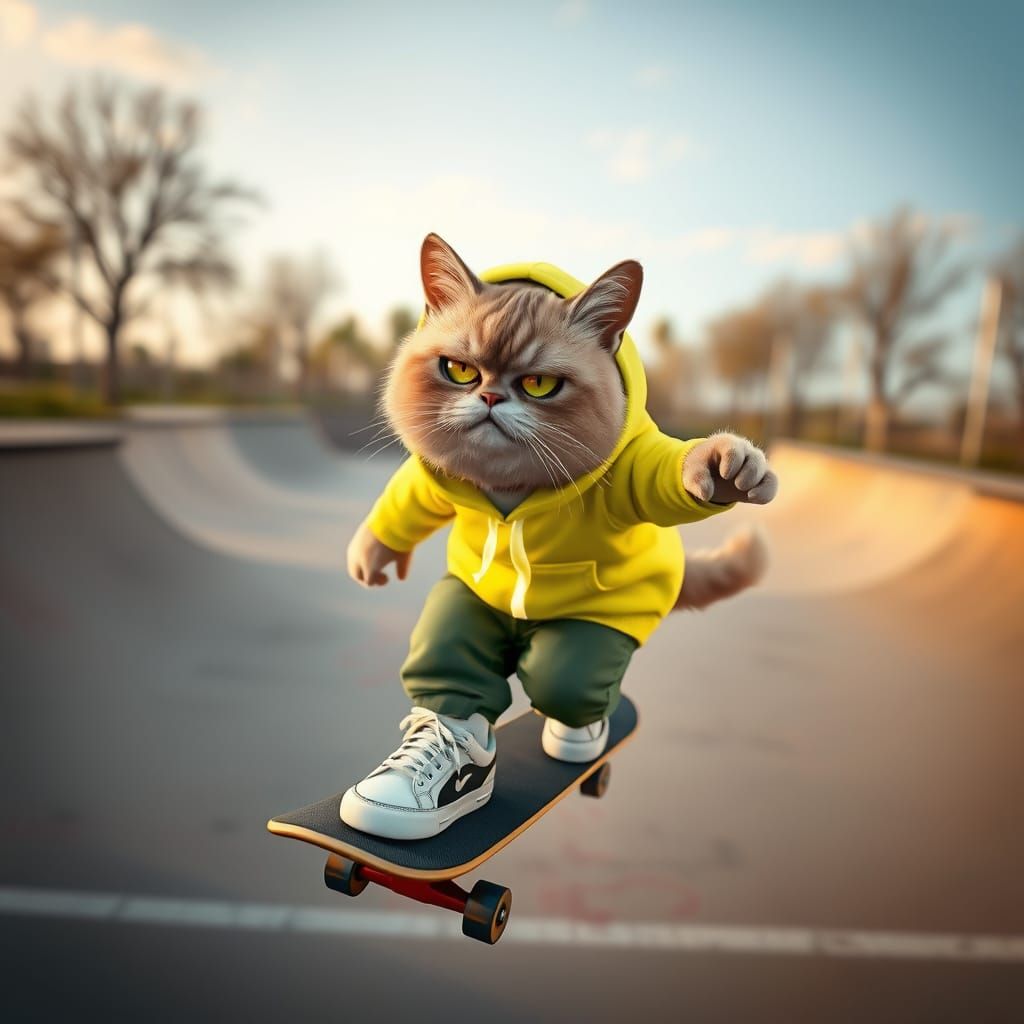 Hyperrealistic 3D Render of a Grumpy Flying Cat in Streetwea...