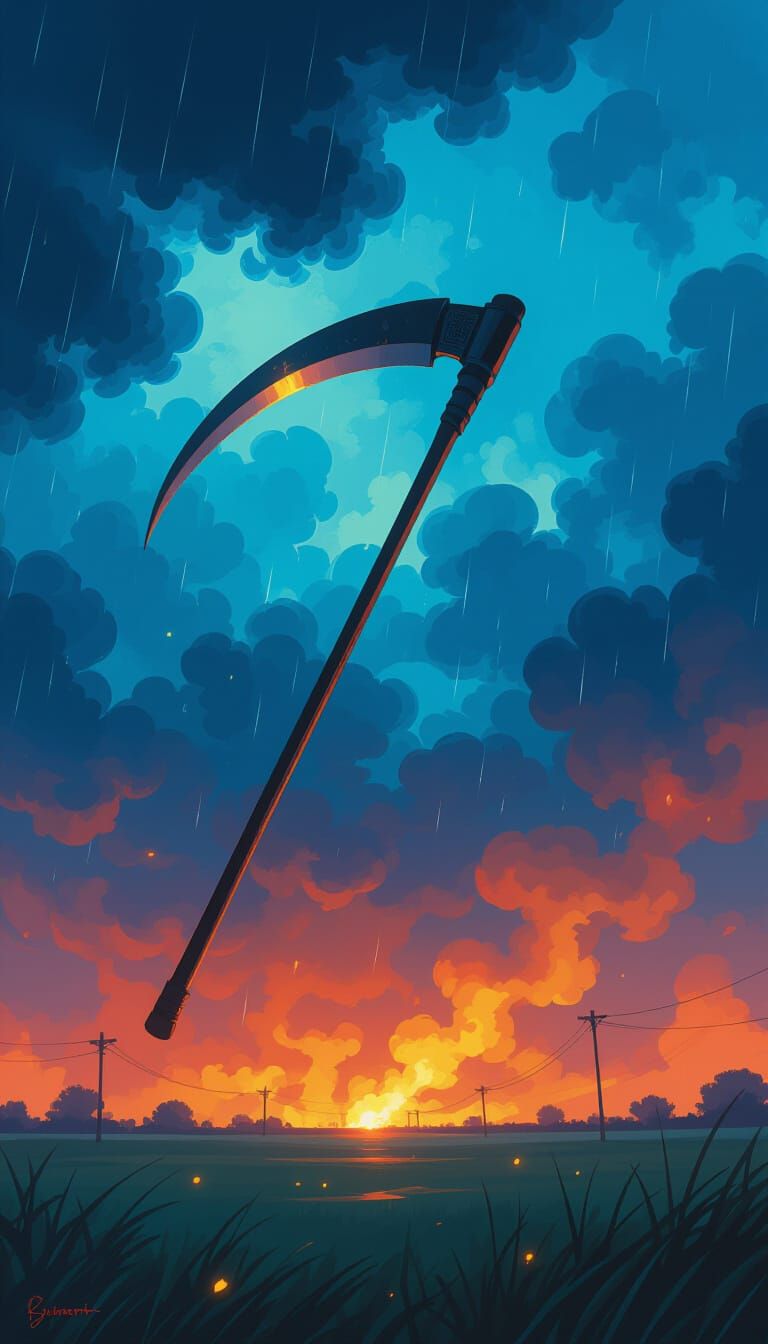 Floating Scythe in Ominous Twilight Thunderstorm