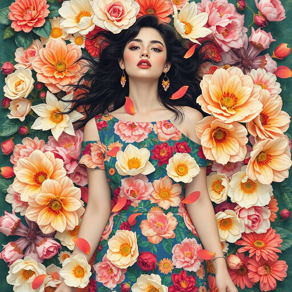 Ethereal Woman in Floral Dress with Swirling Petals