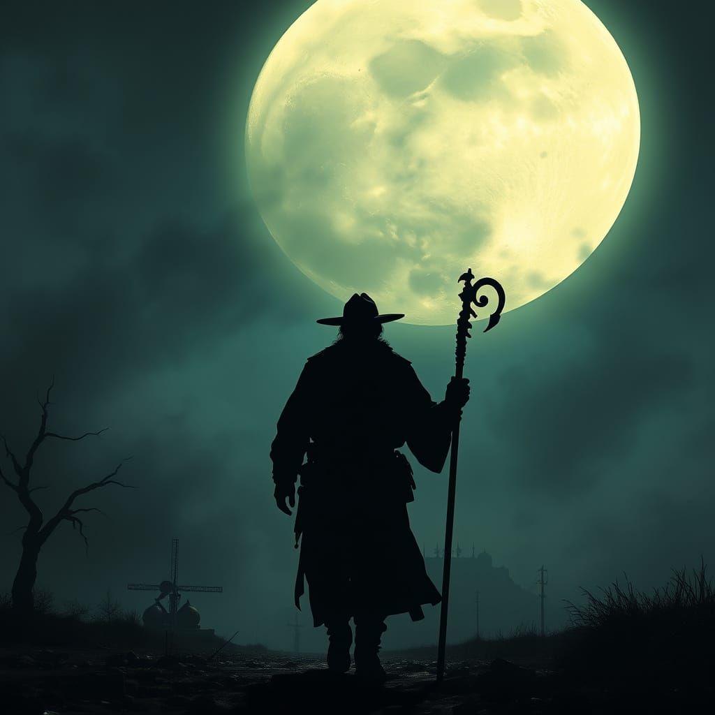Silhouette of Old Man Under Giant Moon