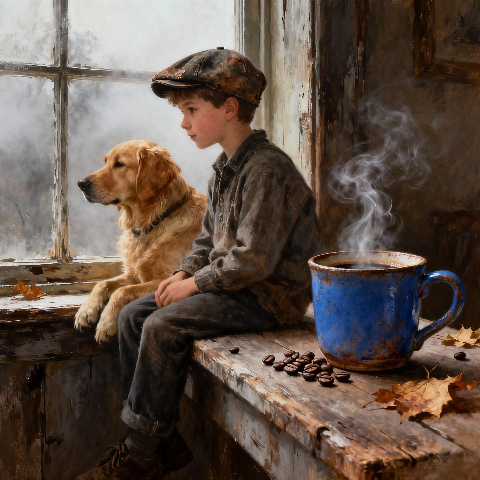 Boy and Dog on Windowsill, Nostalgic Autumn Scene