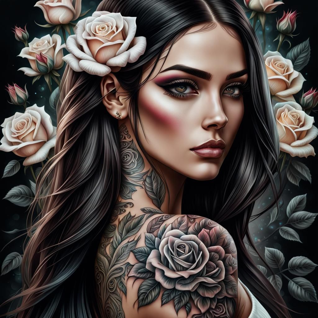 Tattooed Woman with Roses: Airbrushed Hyperdetailed Art