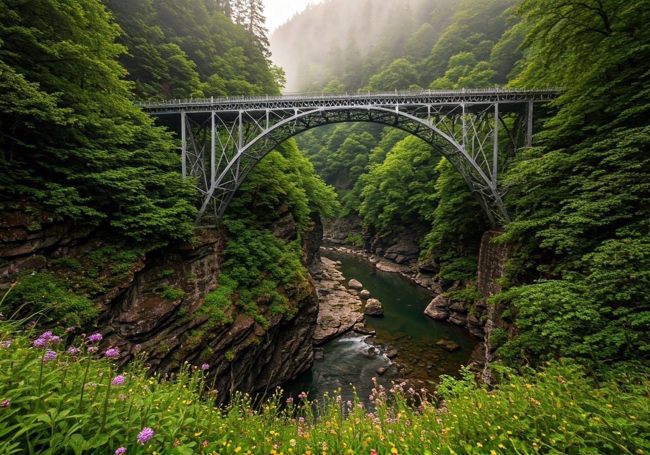 Romantic Victorian Bridge in Misty Gorge Landscape