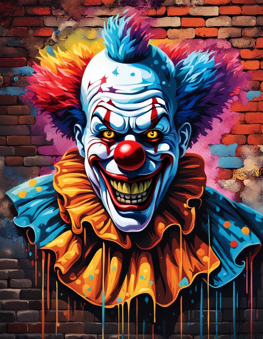 Scary Clown Graffiti Portrait in Neon Hues