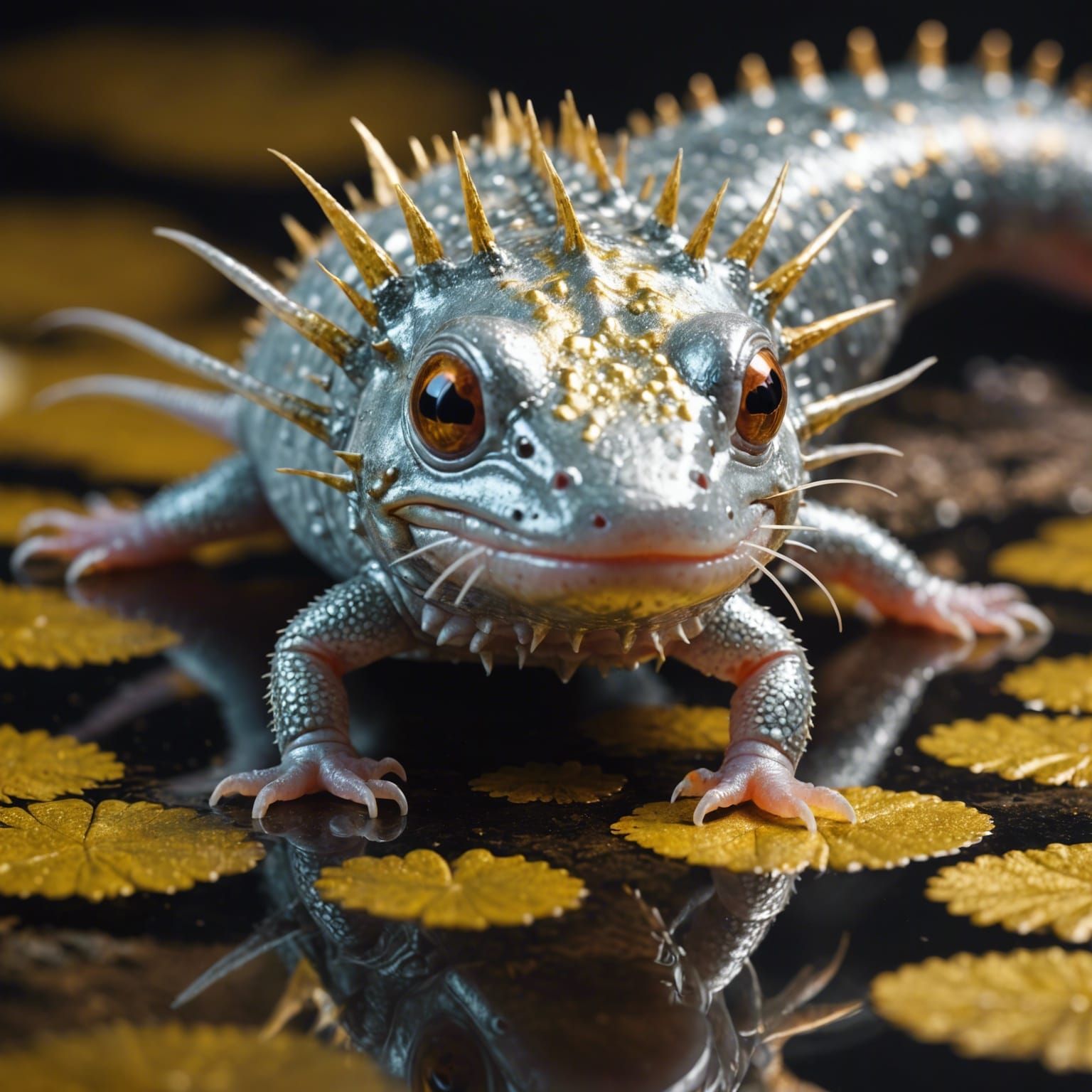 Metallic Axolotl Macro Photo in Hyperrealistic Style