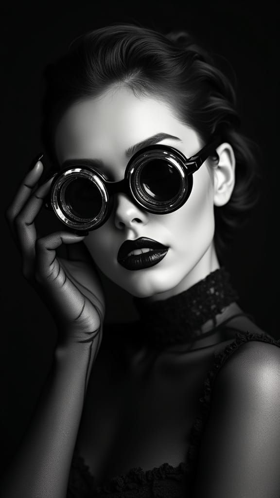 Monochrome Steampunk Woman with Camera Lens Eyewear