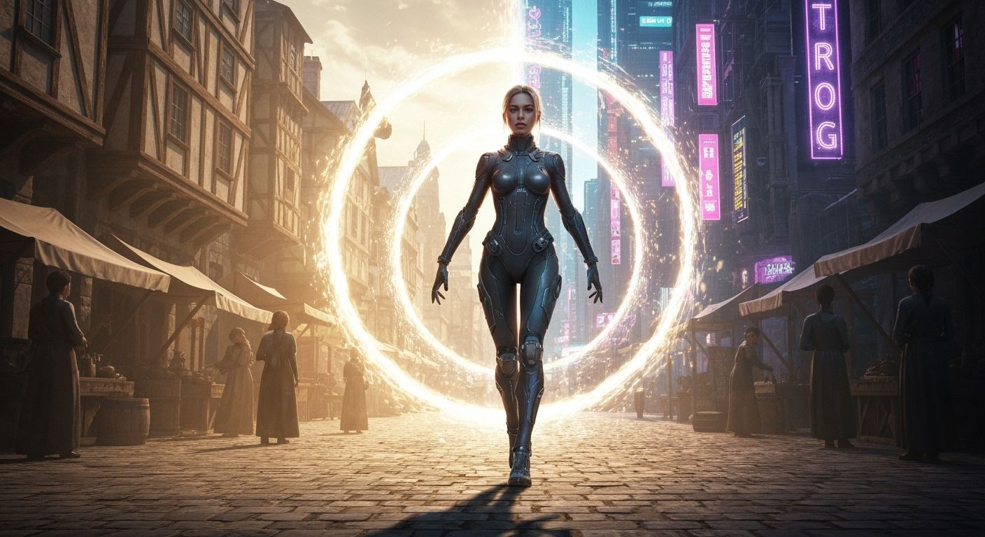 Time Traveler Between Worlds in Photorealistic Style