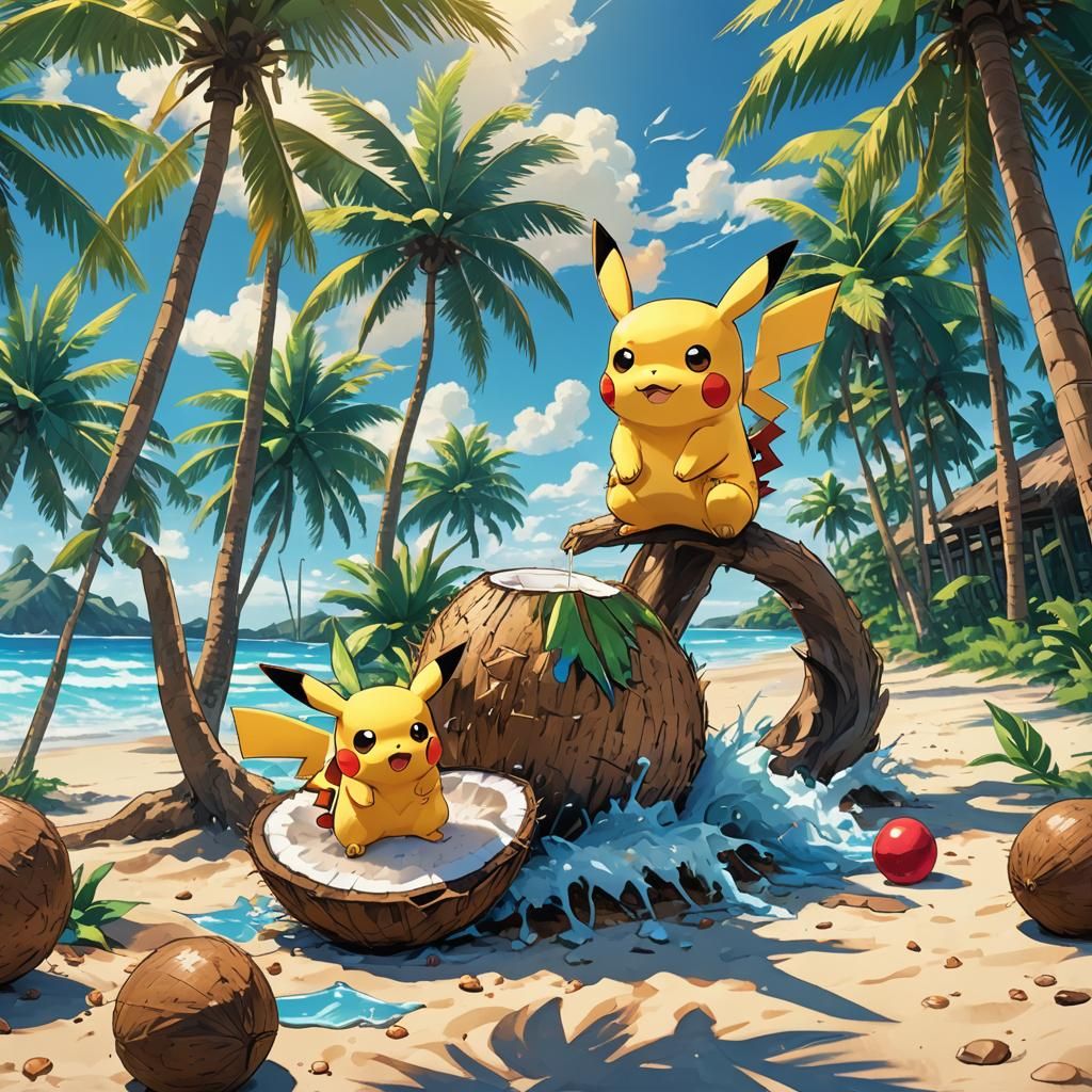 Pikachu on Tropical Beach in Anime Style