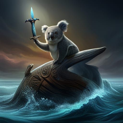 Koala Warrior Riding Whale, Dark Fantasy Art