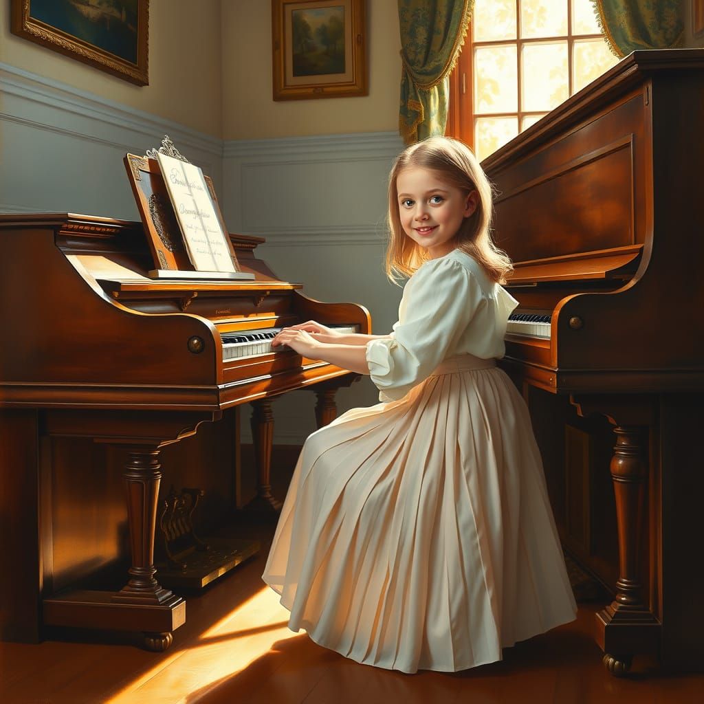 Young Girl Plays Antique Piano in Warm Golden Light