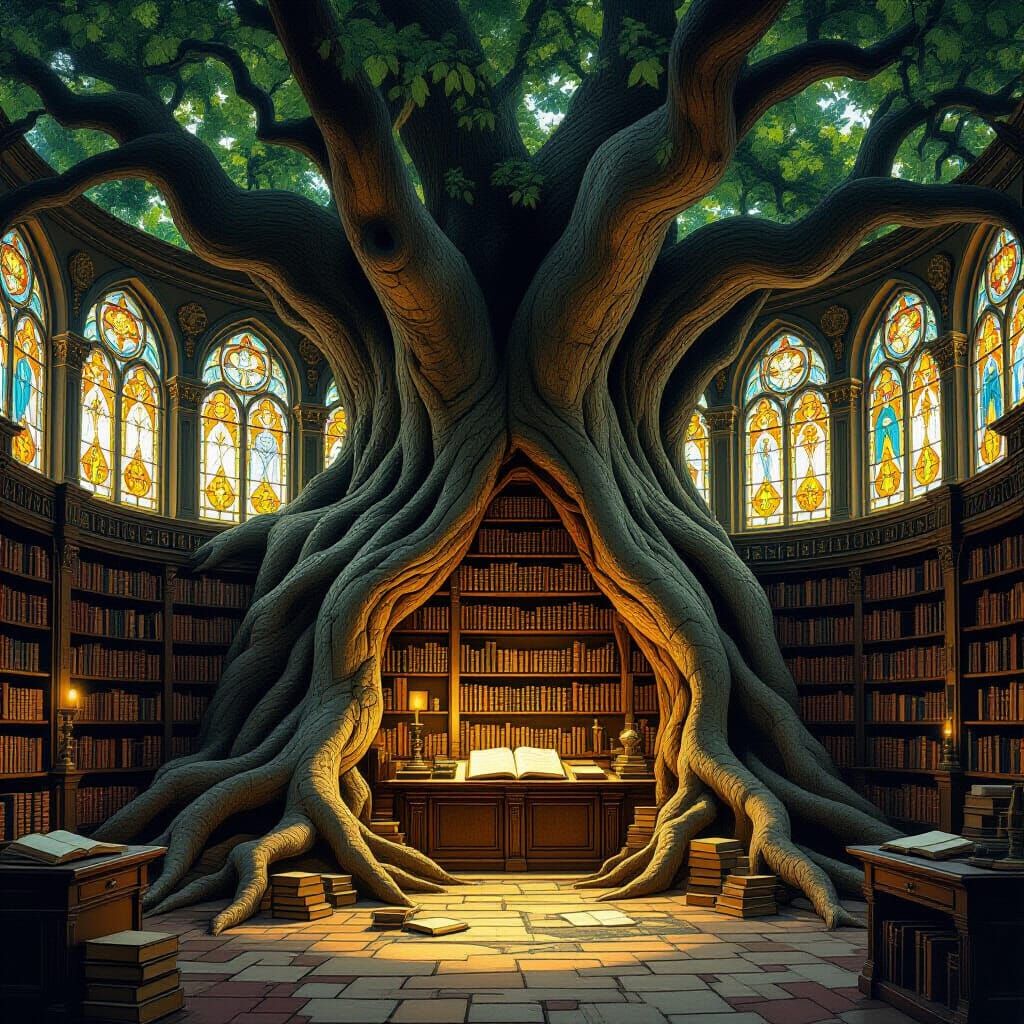 Enchanted Library Inside Ancient Tree, Art Nouveau Style