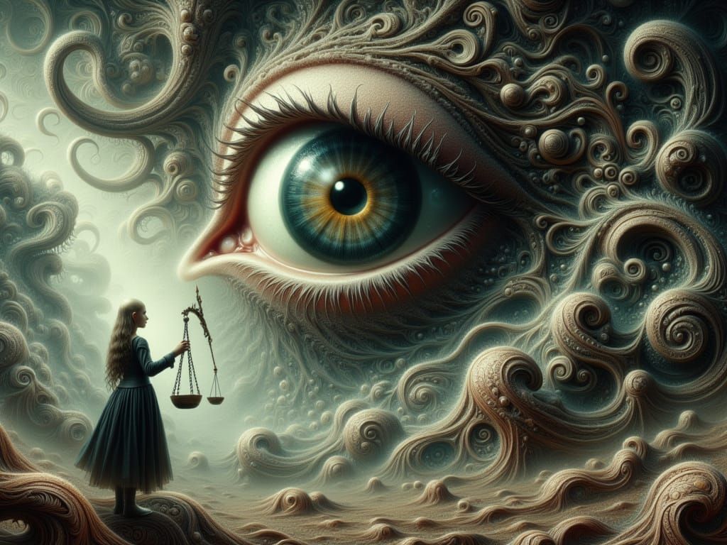 Surreal Scene with Masonic Eye and Twisted Scales of Justice...