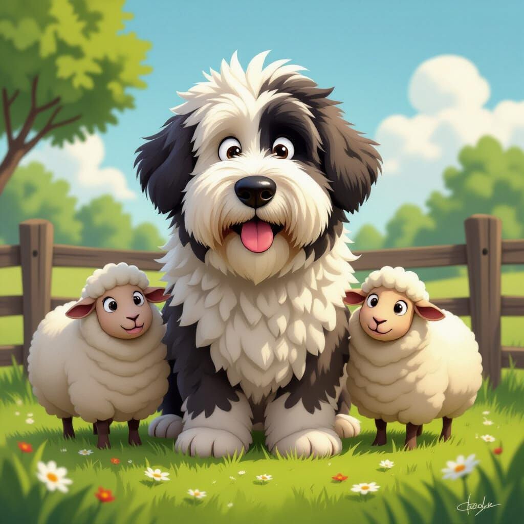 Cute English Sheepdog Caricature with Sheep Friends