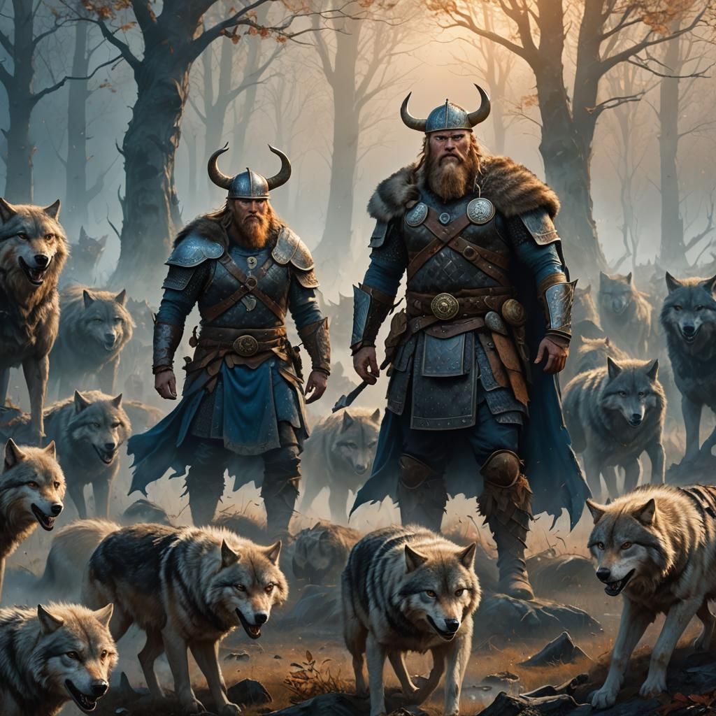 Viking Warrior and Wolves on Misty Battlefield