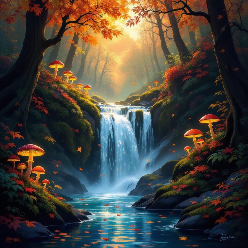 Magical Autumn Forest Waterfall With Glowing Flora