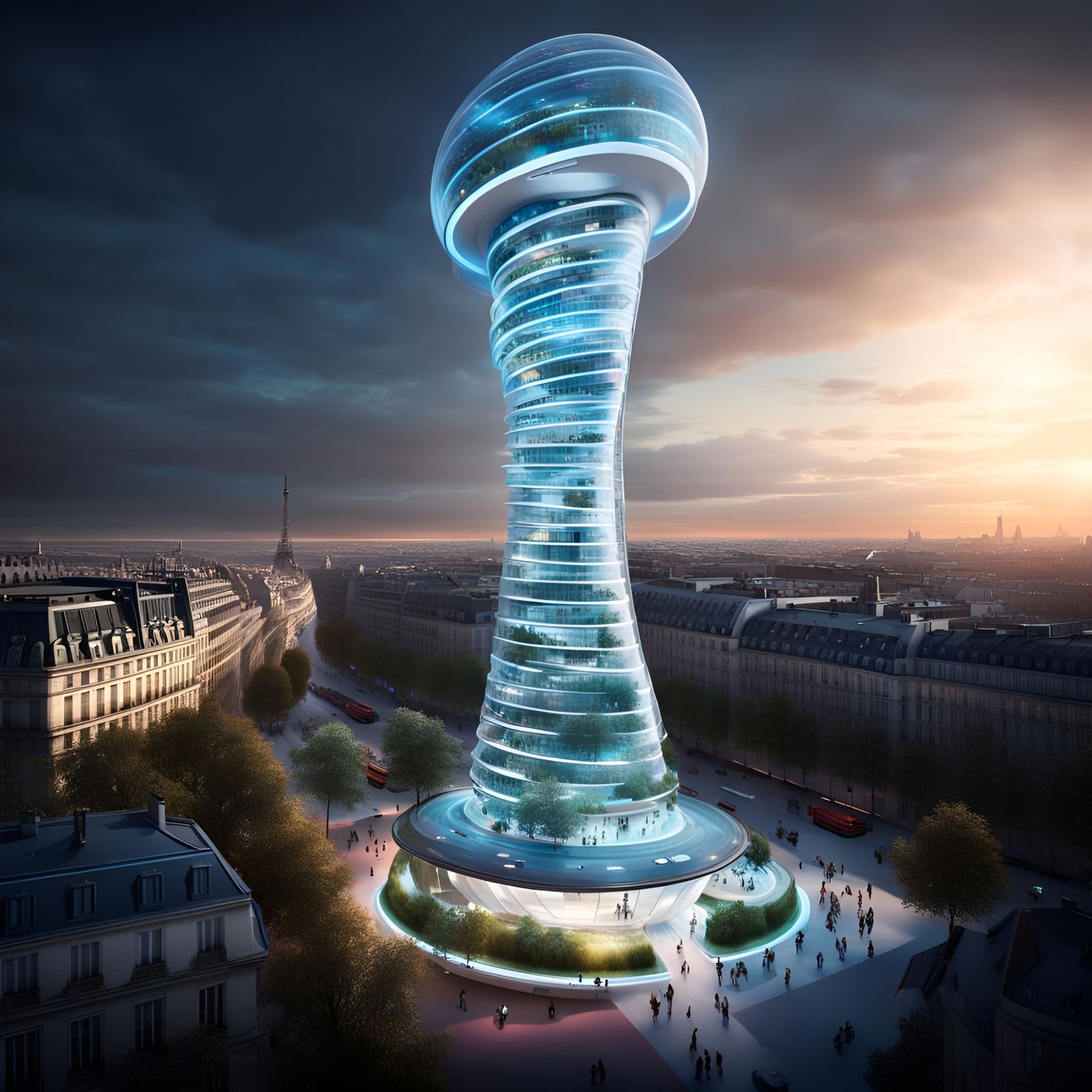 Bioluminescent Sci-Fi Tower Dominates Paris Cityscape