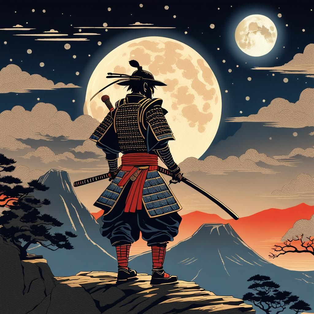 Samurai on Cliff Edge in Ukiyo-e Anime Style