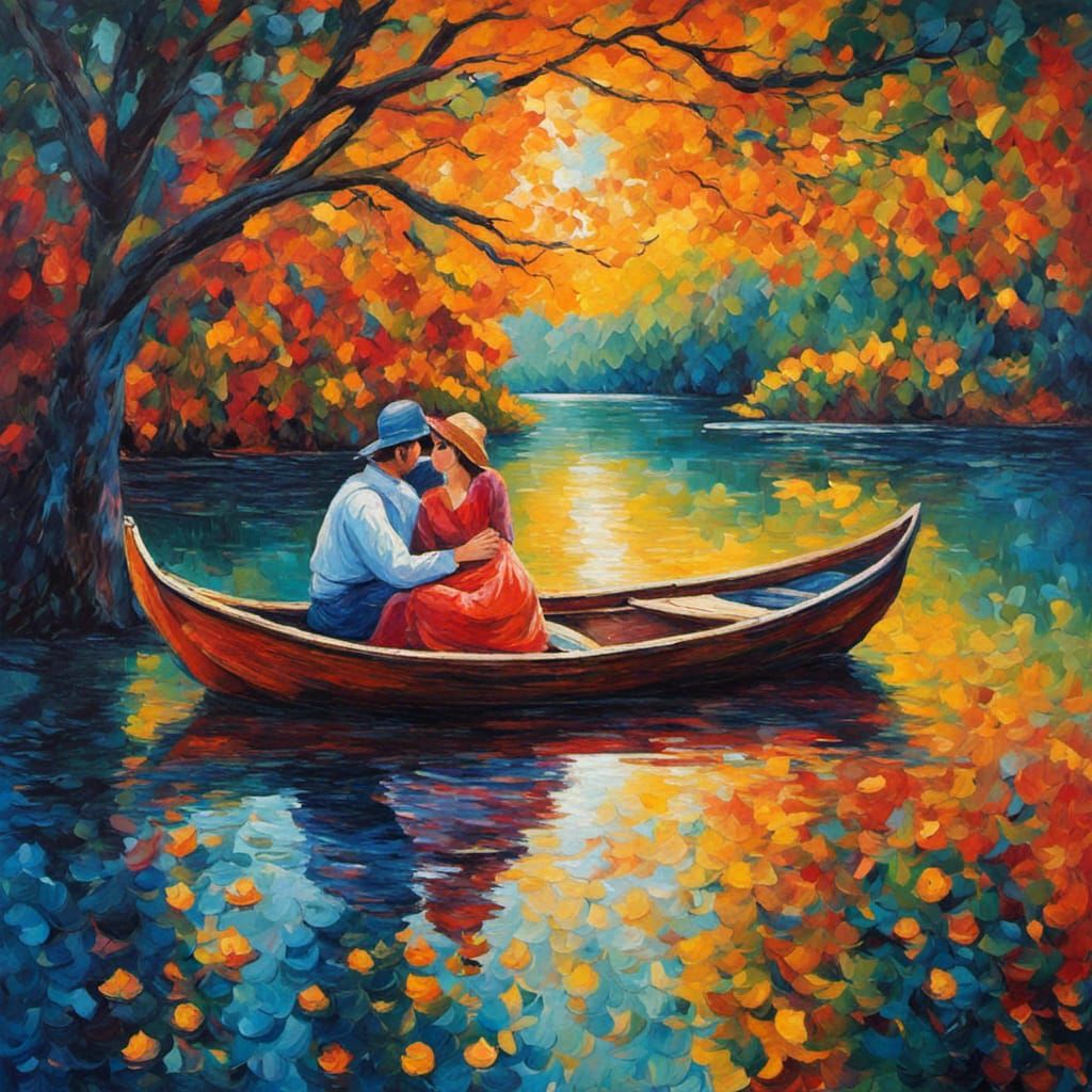 Romantic Lakeside Embrace in Impressionist Style