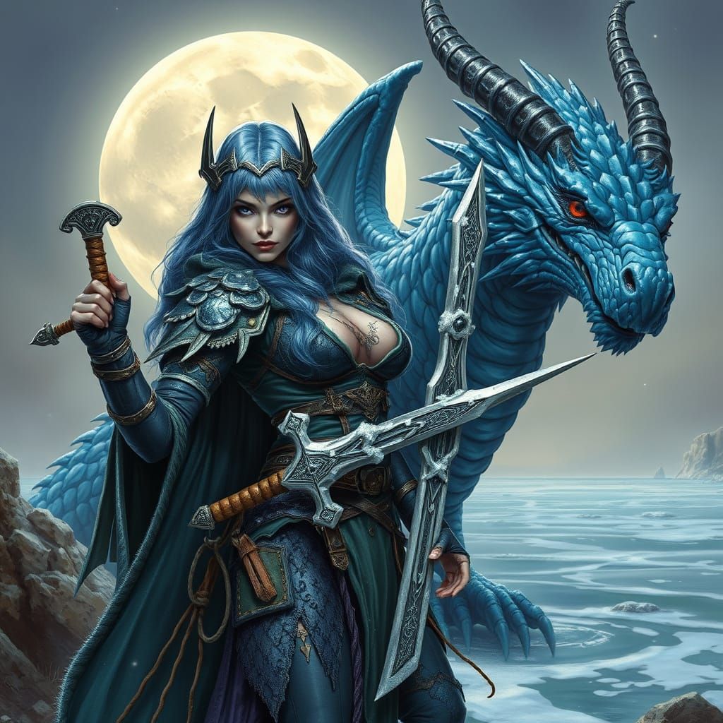 Medieval Sorceress with Dragon in Fantasy Art Style