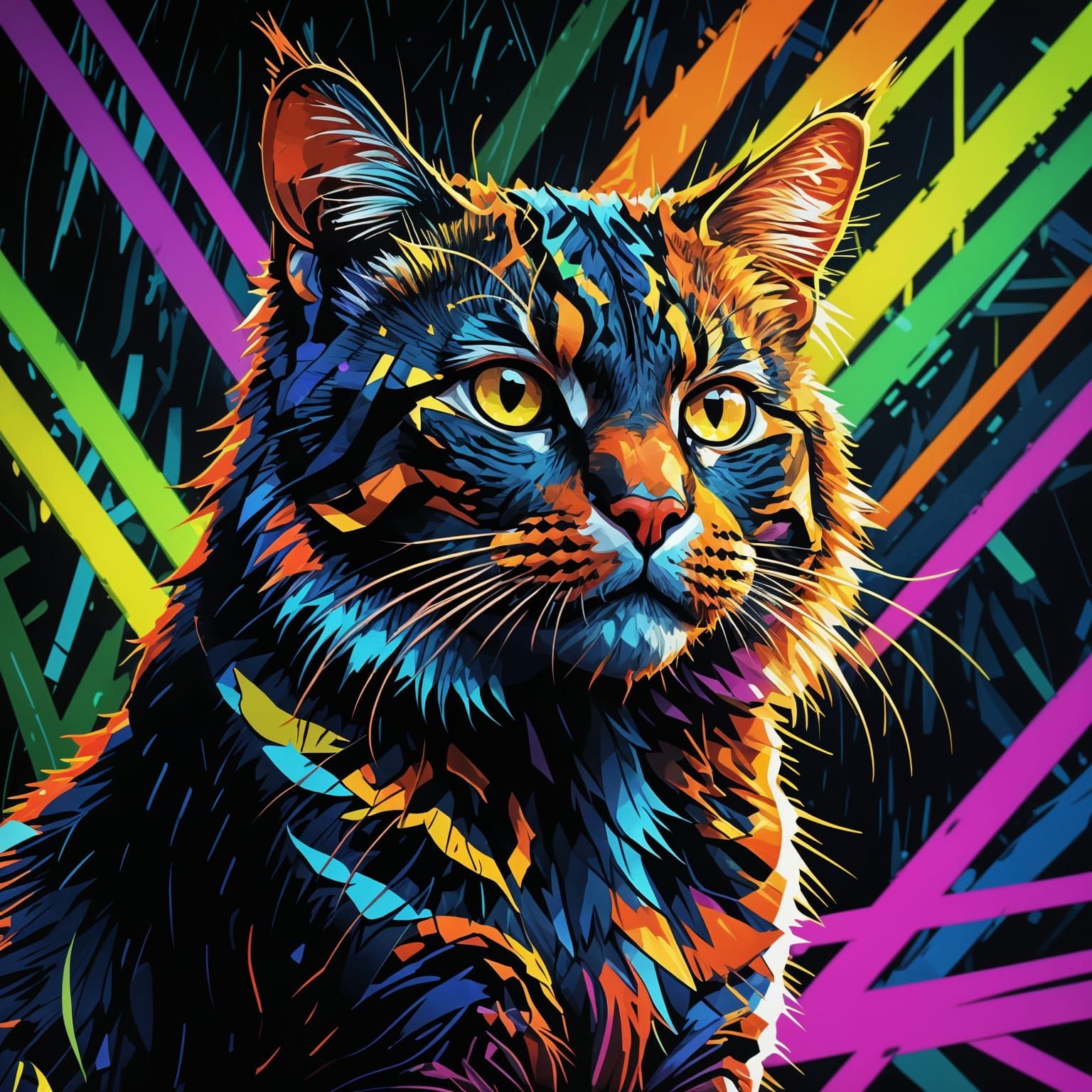 Neon Sarawak Wild Cat Abstract With Glitch Effects