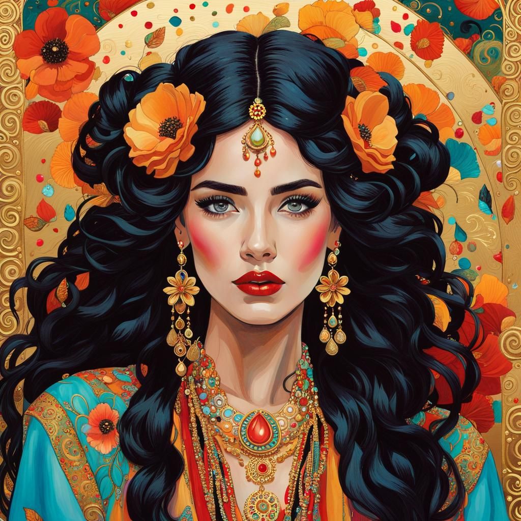 Gypsy Woman in Klimt-Inspired Gouache and Watercolor