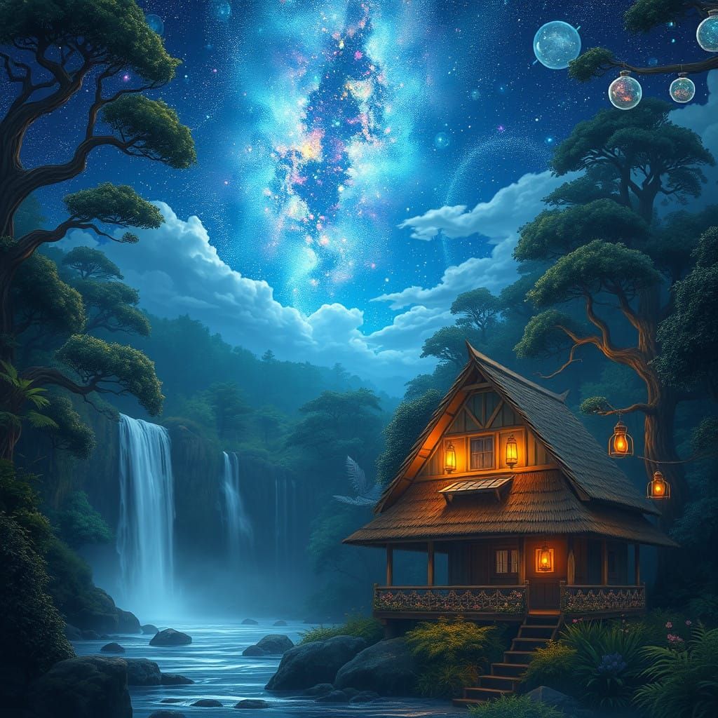 Mystical Waterfall Forest at Night, Anime-Inspired Digital A...