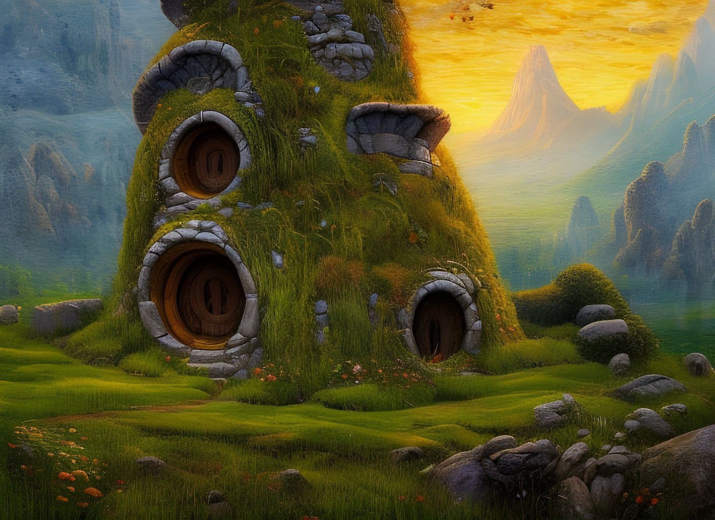 Monolithic Tower of Hobbit Homes as Impasto Painting