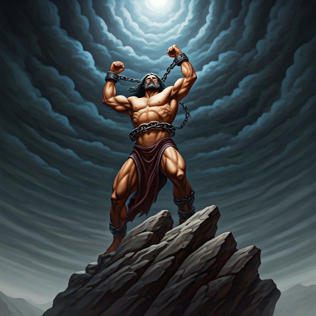Chained Prometheus Standing Tall on a Dark Mountain Peak