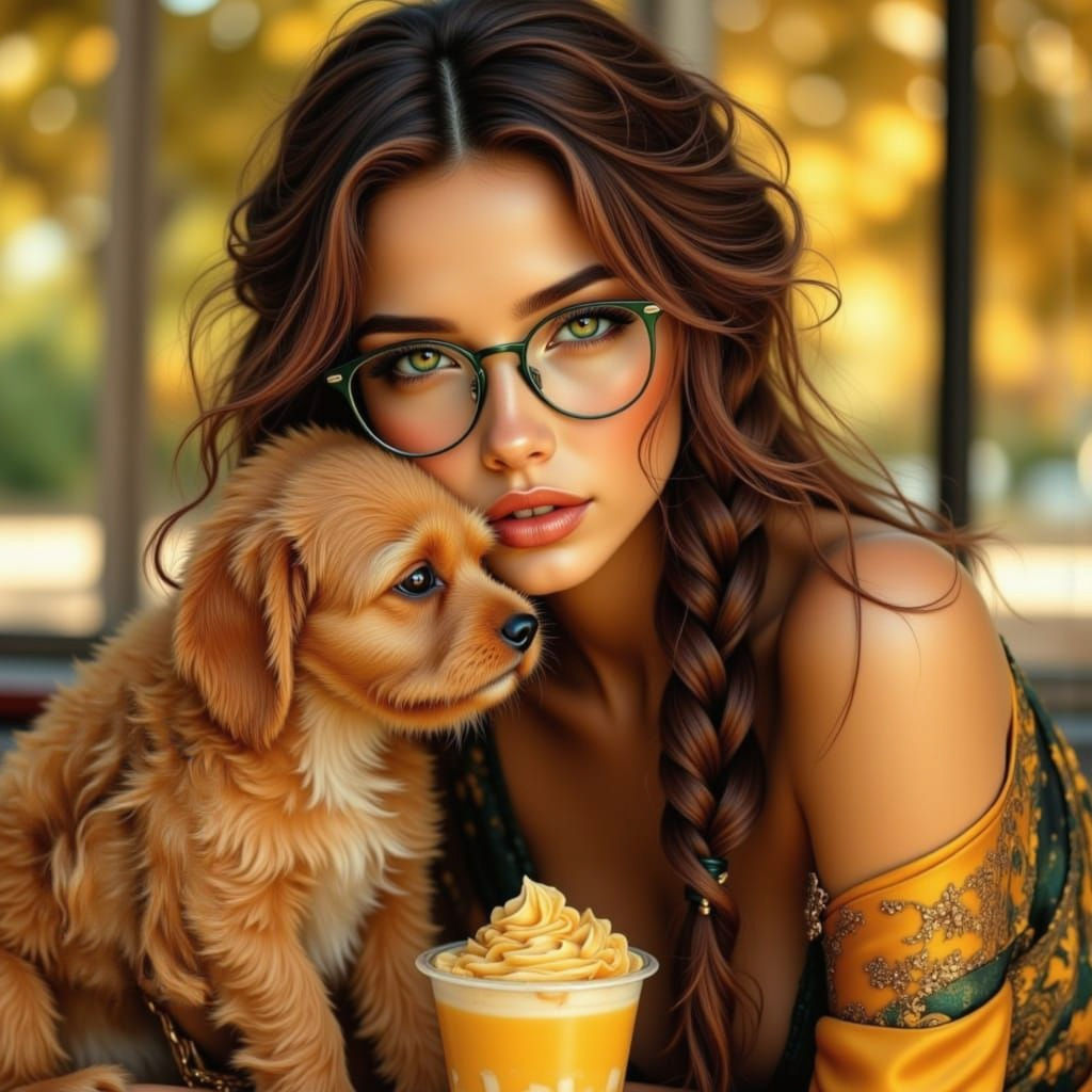 Woman with Puppy, Glasses, and Sundae in Golden Hour