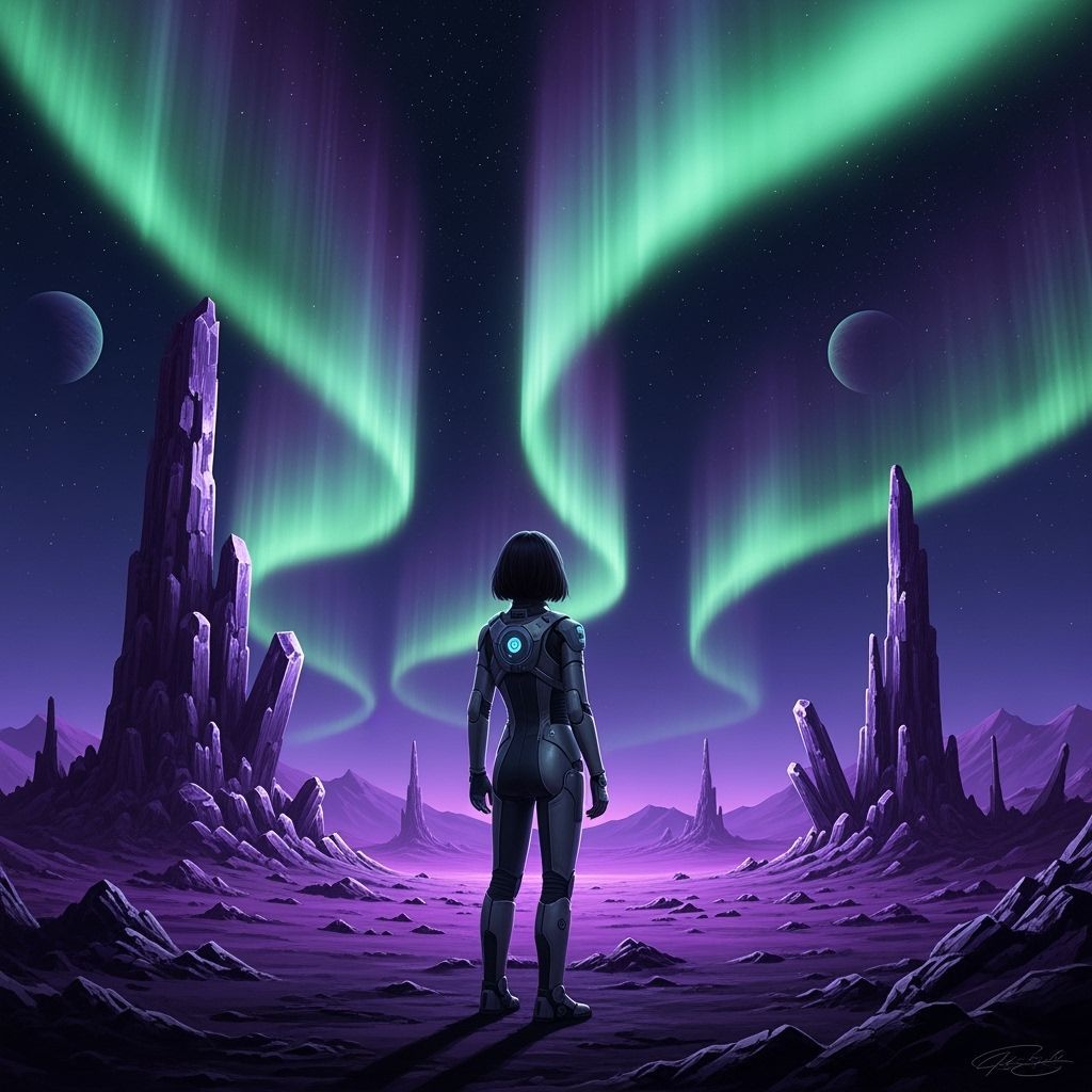 Futuristic Explorer Gazes at Alien Aurora Borealis