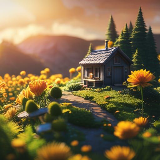 Miniature House on Giant Flower in 3D Game Style