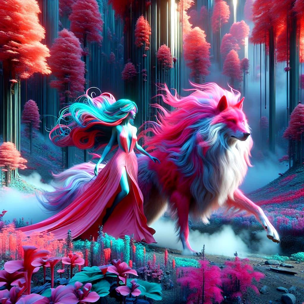 Fairy Rides Dire Wolf Through Enchanted Gothic Forest