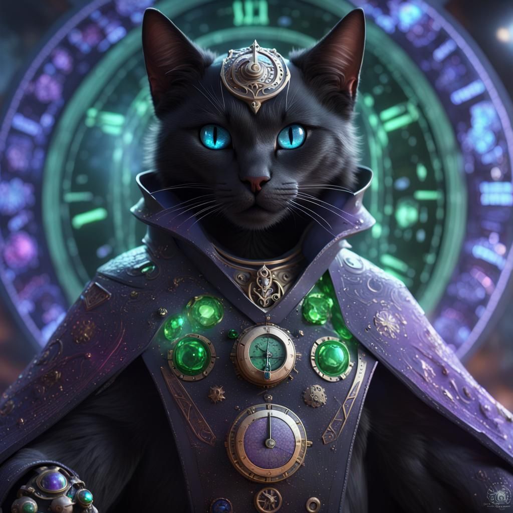 Clock-Wizard Cat Bends Time in Sci-Fi D&D Scene