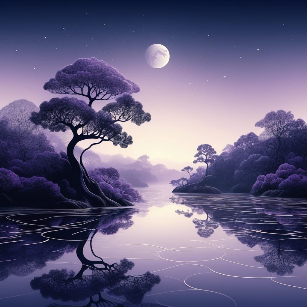 Misty Purple Bonsai by River with Zentangle Mist