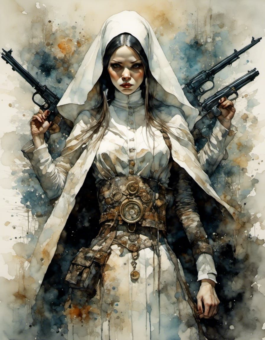 white nun with big guns