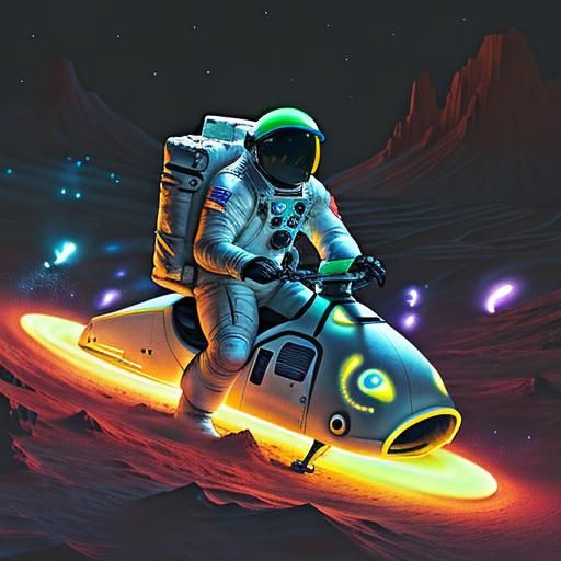 astronaut  riding a bio-luminescent slug with a saddle