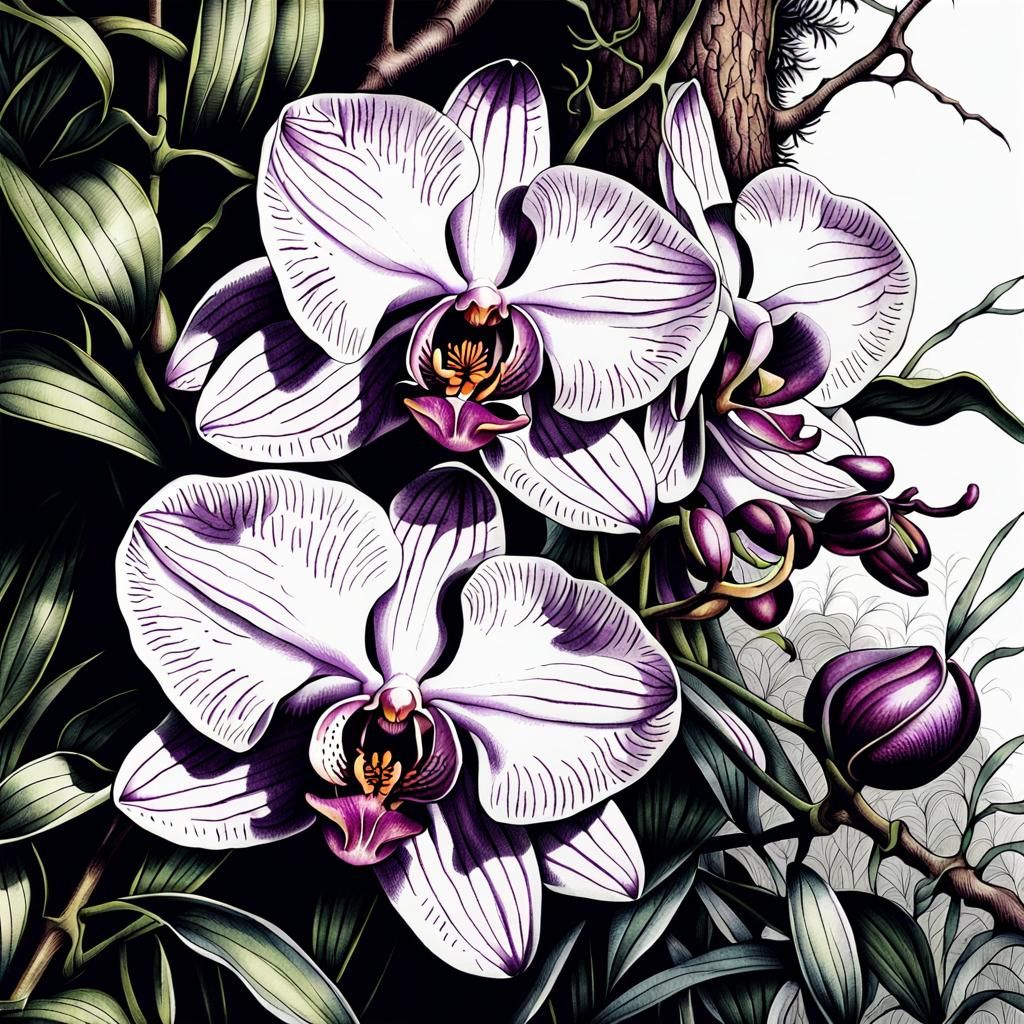 Orchid Flower in Tree Shade: Intricate Ink Drawing